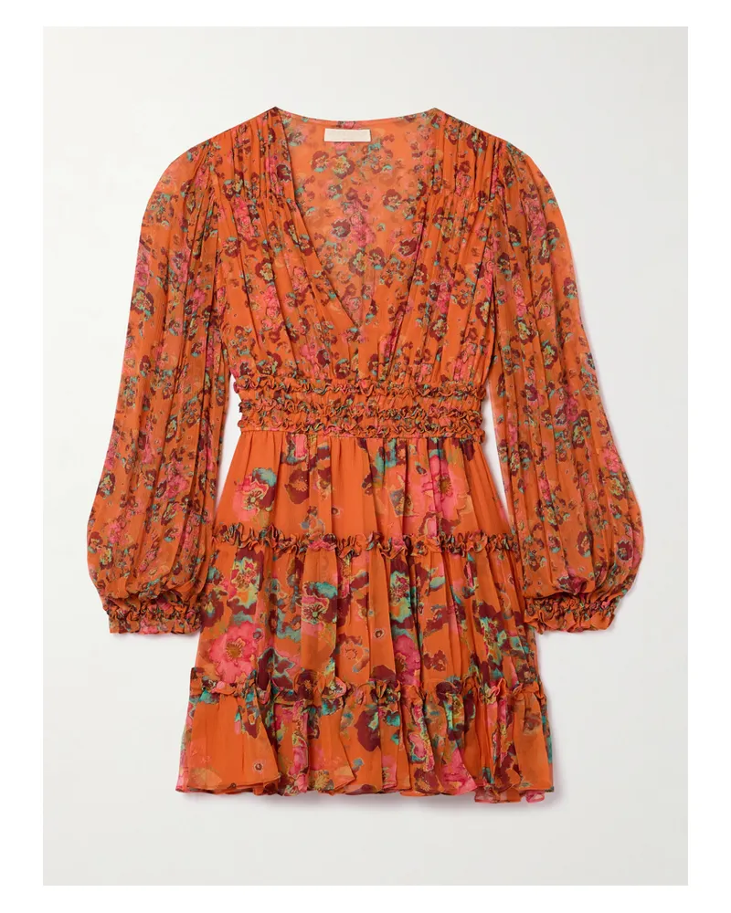 Ulla Johnson Lya Minikleid Aus Seidenkrepon Mit Blumenprint Und Rüschen - Orange Orange