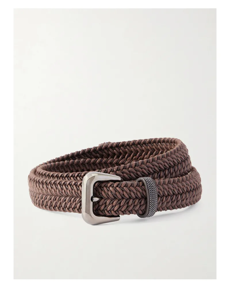 Brunello Cucinelli Bead-embellished Leather-trimmed Woven Belt - Brown Brown