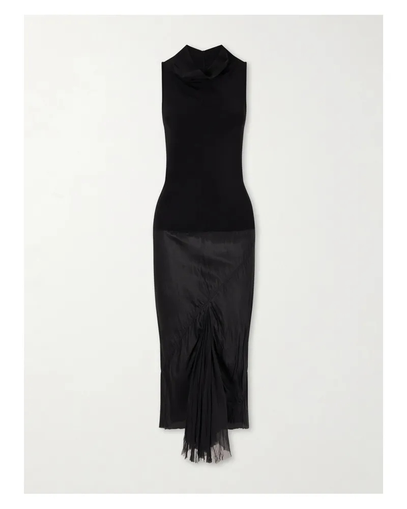 Rick Owens Sliced Stretch-jersey And Crinkled-satin Midi Dress - Black Black