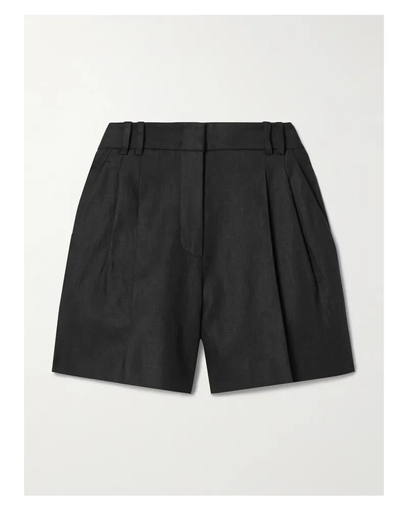 Another Tomorrow Net Sustain Pleated Linen Shorts - Black Black