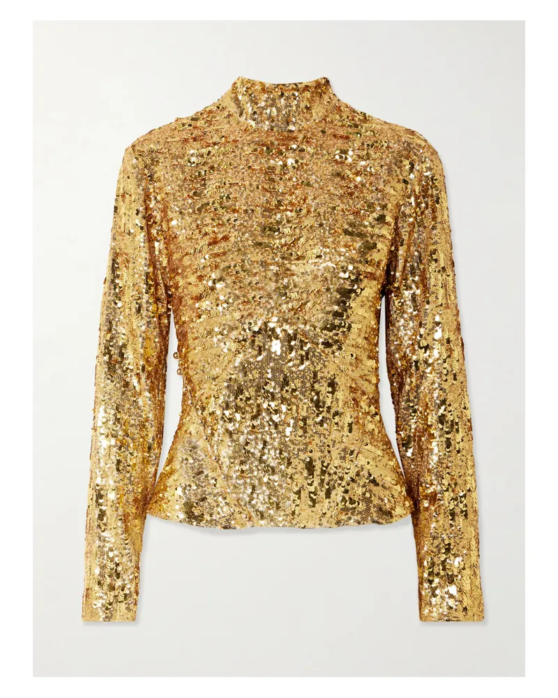 Paco Rabanne Sequined Crepe De Chine Turtleneck Top - Gold Gold