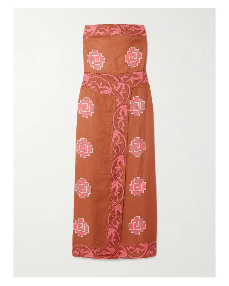 Johanna Ortiz Ancient Trägerloses Bedrucktes Midikleid Aus Leinen Mit Wickeleffekt - Pink Pink