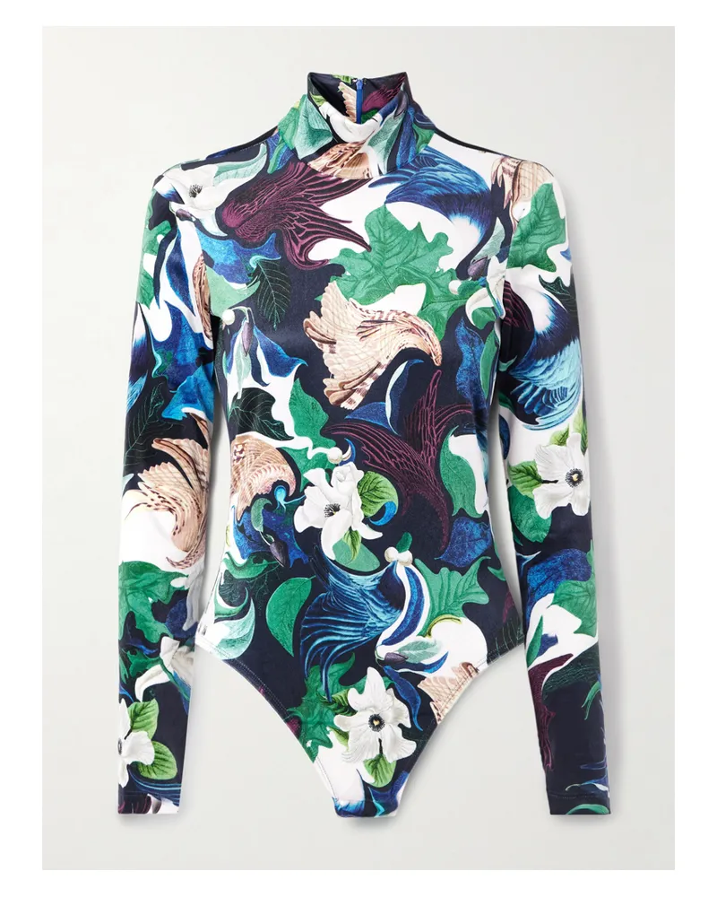 Mary Katrantzou Jordan Printed Stretch-velvet Turtleneck Bodysuit - Blue Blue