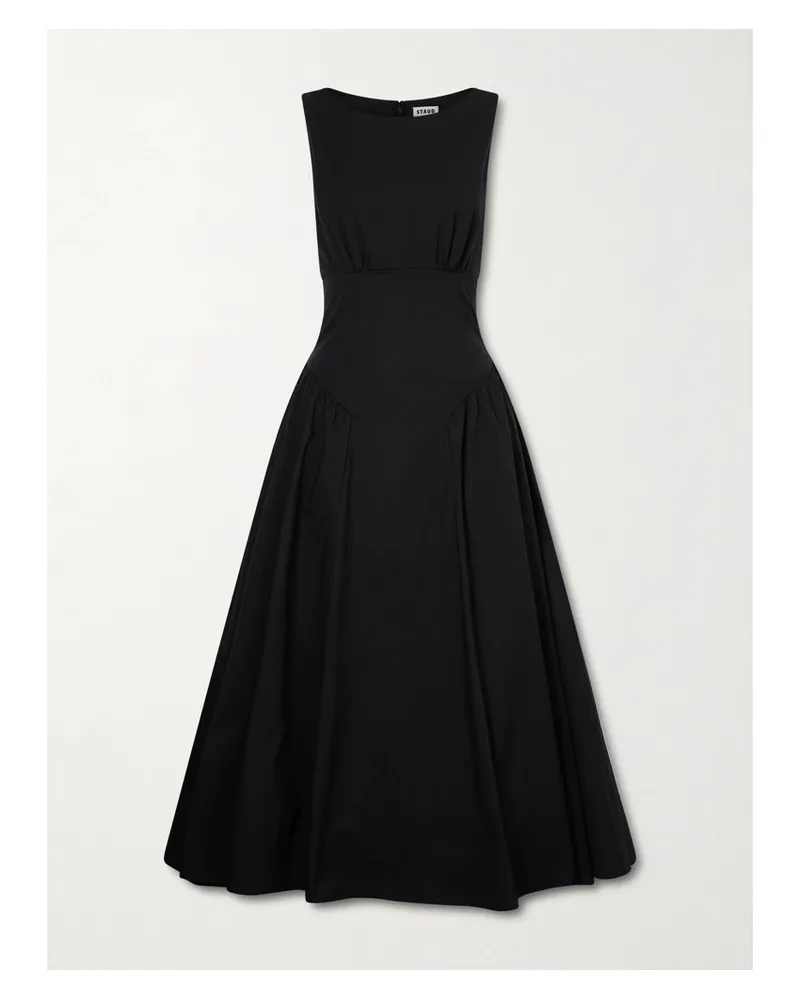 STAUD Gwen Paneled Pleated Cotton-blend Poplin Midi Dress - Black Black