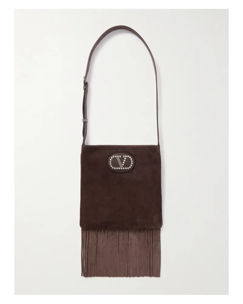 Valentino Garavani Nellcote Schultertasche Aus Veloursleder Mit Lederbesätzen, Fransen Und Verzierung - Burgunder Burgunder