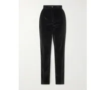 Satin-trimmed Cotton-blend Velvet Slim-leg Pants - Black