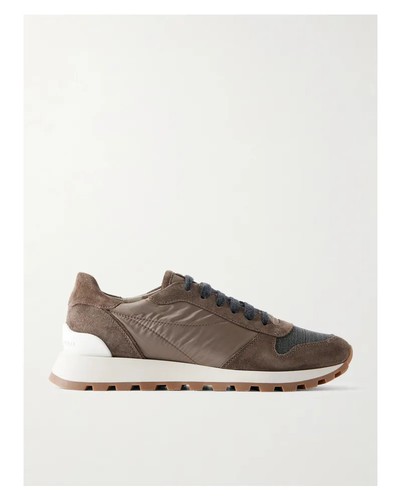 Brunello Cucinelli Monilli Runner Bead-embellished Shell And Suede Sneakers - Brown Brown
