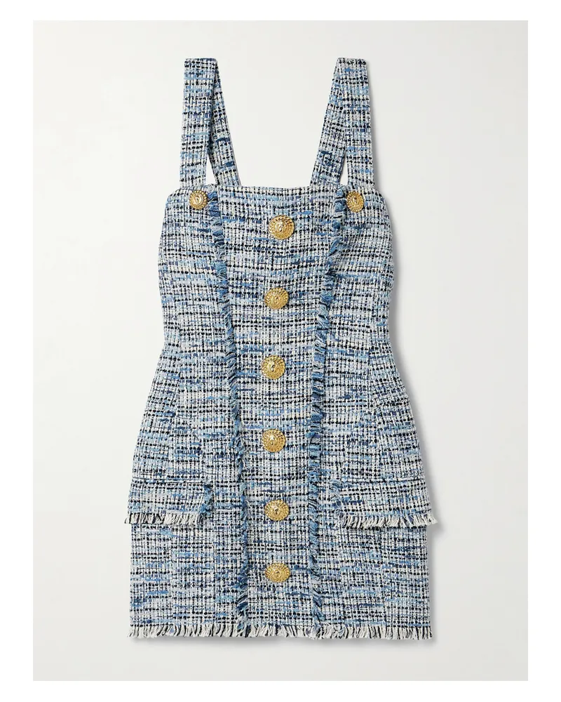 Balmain Minikleid Aus Tweed Aus Einer Baumwollmischung Mit Fransen Und Zierknöpfen - Blau Blau