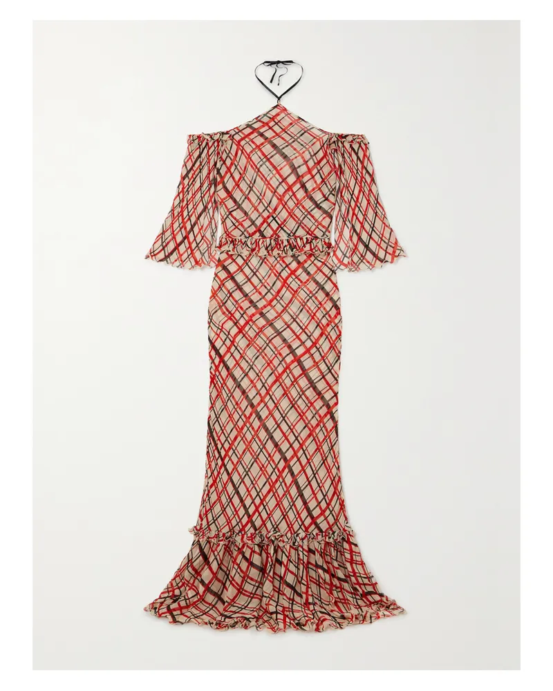 BODE Maestro Neckholder-maxikleid Aus Kariertem Crêpe De Chine Mit Rüschen - Rot Rot