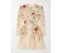 Minikleid Aus Einer Leinen-seidenmischung Mit Blumenprint Und Spitzenbesätzen - Creme