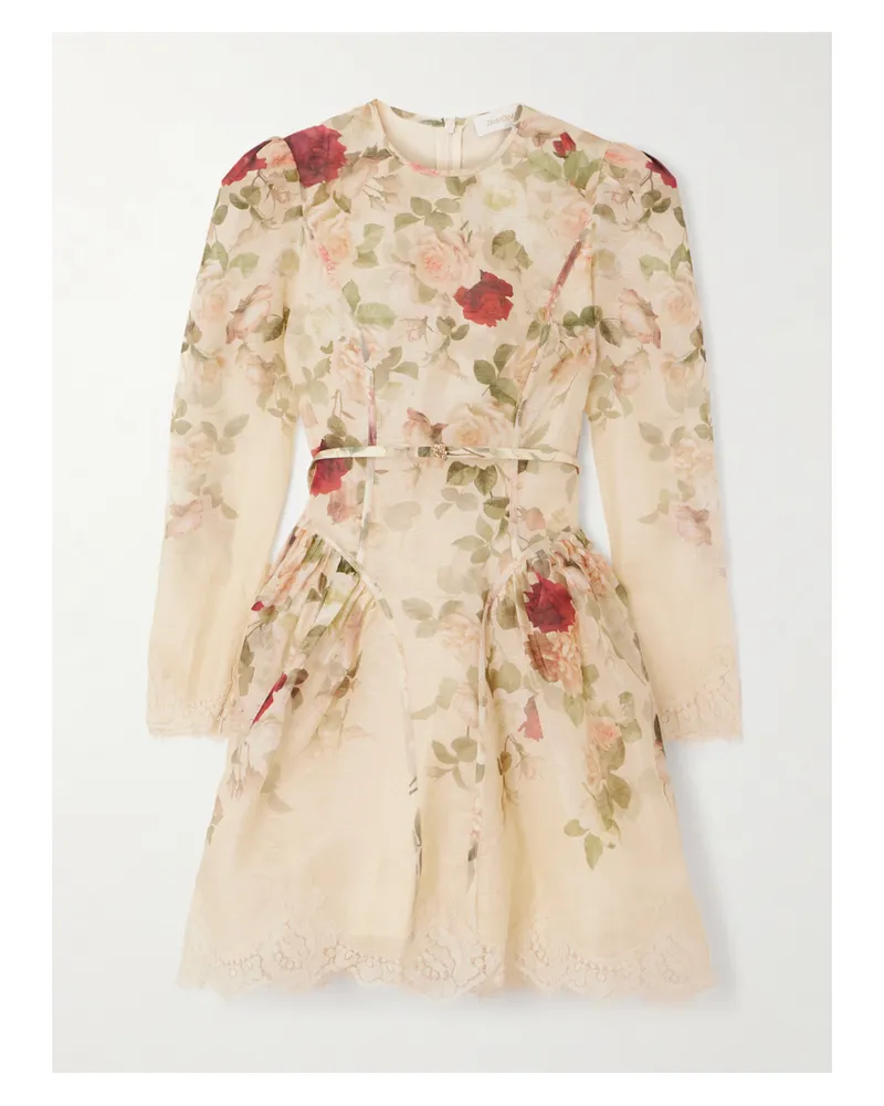 Zimmermann Minikleid Aus Einer Leinen-seidenmischung Mit Blumenprint Und Spitzenbesätzen - Creme Creme