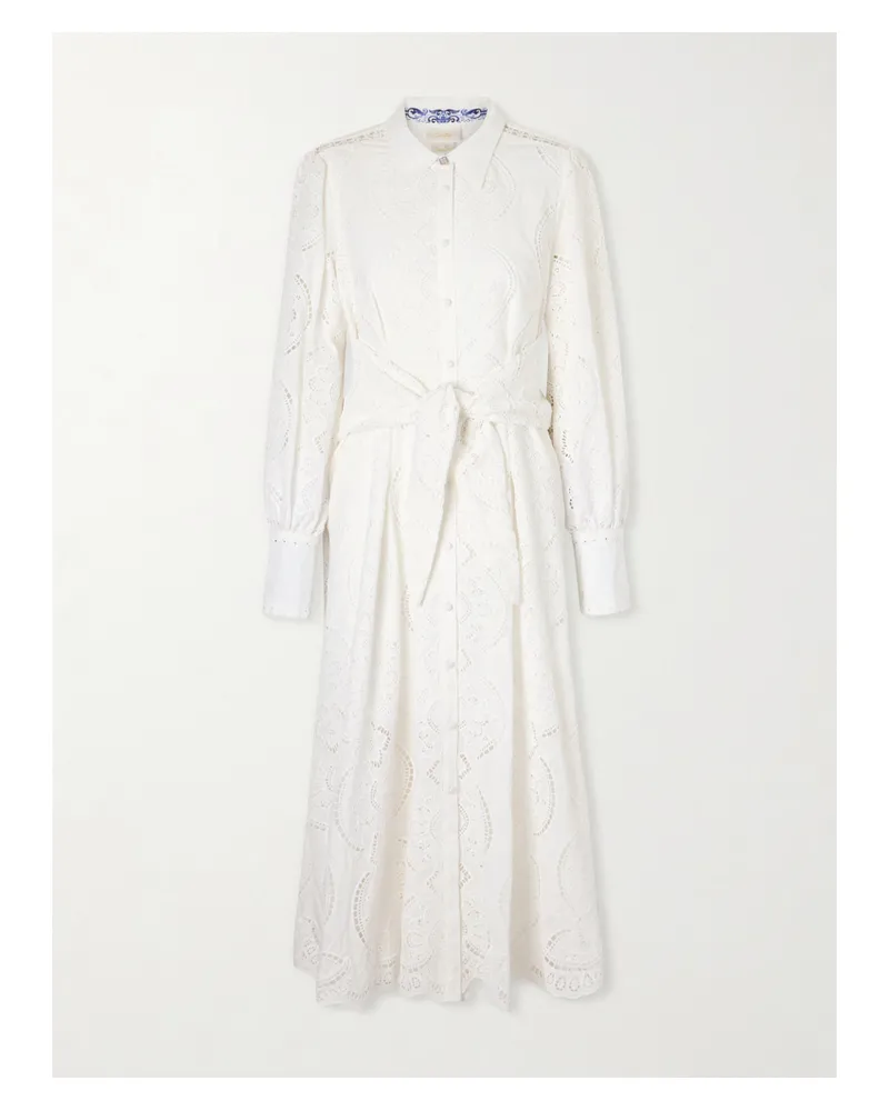 Camilla Midi-hemdblusenkleid Aus Baumwolle Mit Lochstickerei Und Bändern - Weiß Weiß