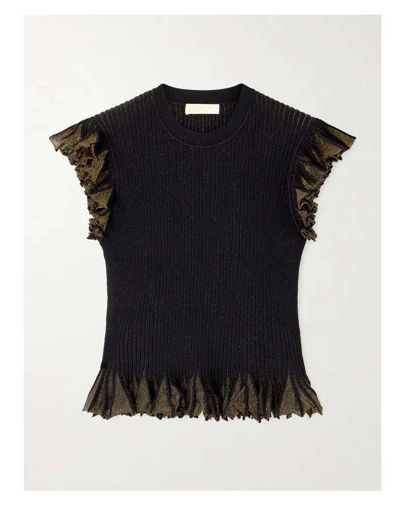 Ulla Johnson Leila Ruffled Ribbed Metallic-knit Top - Black Black
