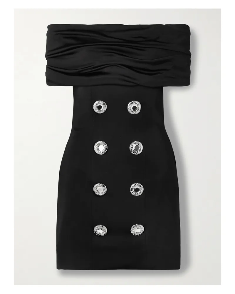 Balmain Schulterfreies Minikleid Aus Gerafftem Jersey Und Cady Mit Zierknöpfen - Schwarz Schwarz