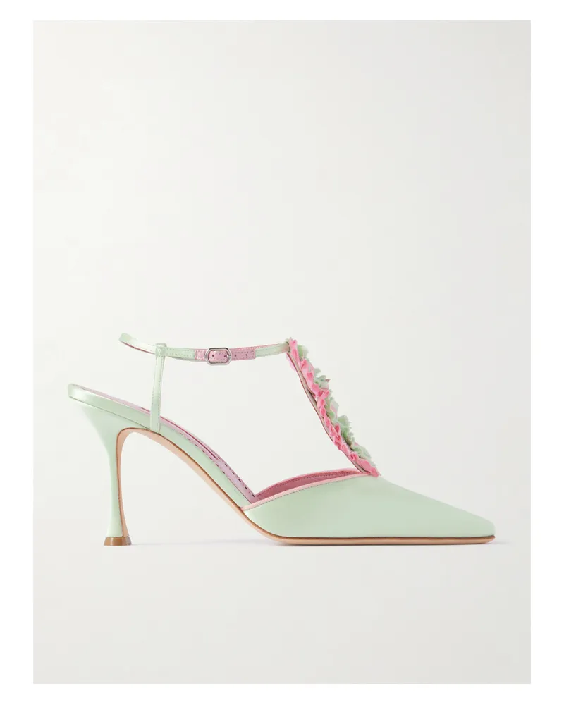 Manolo Blahnik Hebes 90 Appliquéd Satin Mary Jane Pumps - Green Green