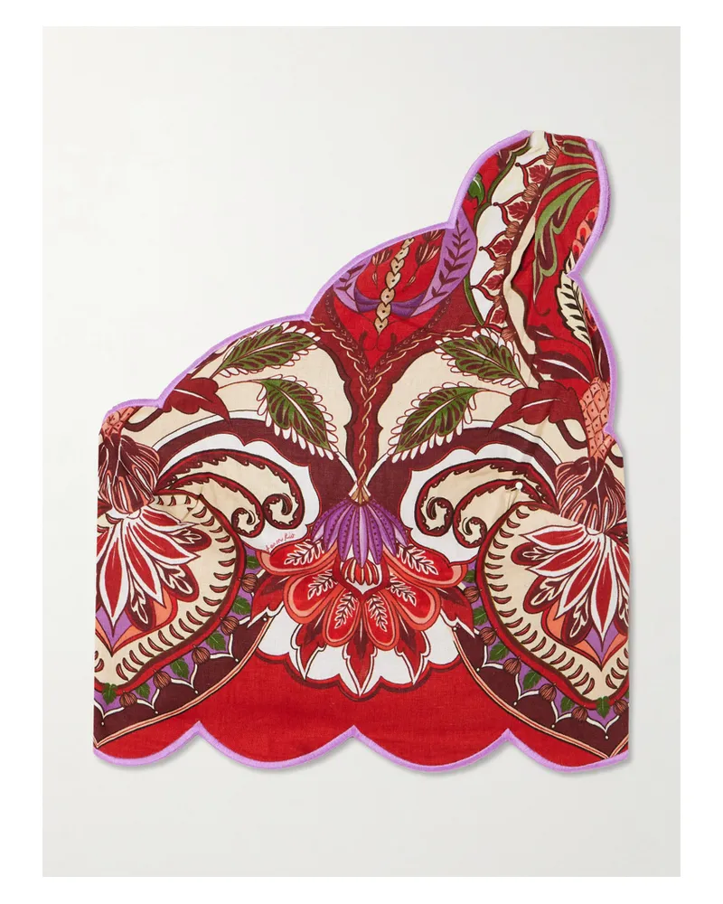 FARM Rio Odara One-shoulder Scalloped Printed Linen-blend Top - Red Red