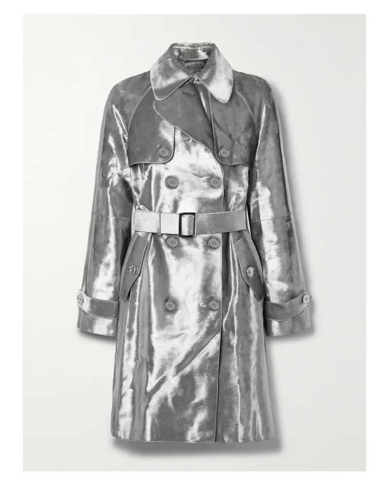 Michael Kors Doppelreihiger Trenchcoat Aus Kalbshaar Mit Gürtel In Metallic-optik - Silber Silber