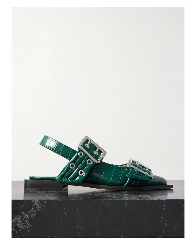Ganni Flache Slingback-schuhe Aus Glänzendem Recyceltem Material Mit Spitzer Kappe Und Verzierungen - Grün Grün