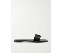 Embellished Snake-effect Leather Slides - Black