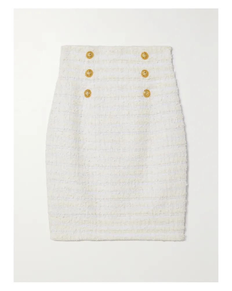 Balmain Minirock Aus Metallic-tweed Aus Einer Baumwollmischung Mit Zierknöpfen - Weiß Weiß