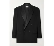 Doppelreihiger Blazer Aus Grain De Poudre Aus Wolle Mit Satinbesätzen - Schwarz