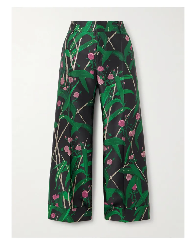 La DoubleJ Hendrix Verkürzte Hose Mit Weitem Bein Aus Crêpe Mit Jacquard-blumenmuster - Grün Grün