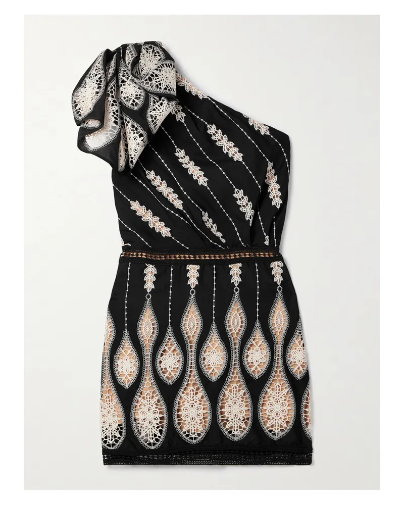 Johanna Ortiz Celestial Matter Asymmetrisches Minikleid Aus Voile Mit Einsätzen Aus Guipure-spitze - Schwarz Schwarz