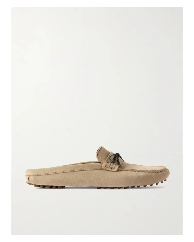 Brunello Cucinelli Slippers aus Veloursleder mit Zierperlen Neutral