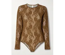 Stretch-corded Lace Bodysuit - Brown