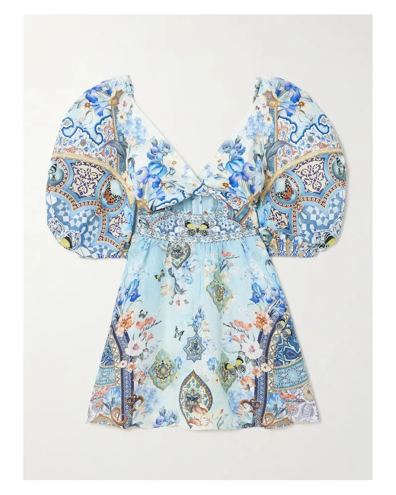 Camilla Al Manial Palace Memoirs Minikleid Aus Einer Leinen-seidenmischung Mit Kristallen Und Twist-detail - Blau Blau