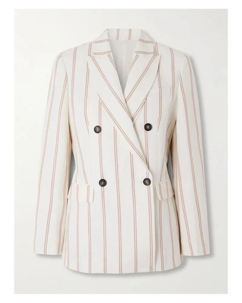 Brunello Cucinelli Doppelreihiger Blazer Aus Einer Gestreiften Leinen-baumwollmischung - Wollweiß Wollweiß