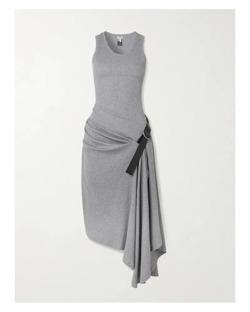 Loewe Asymmetric Belted Draped Leather-trimmed Ribbed Cotton-blend Jersey Dress - Gray Gray