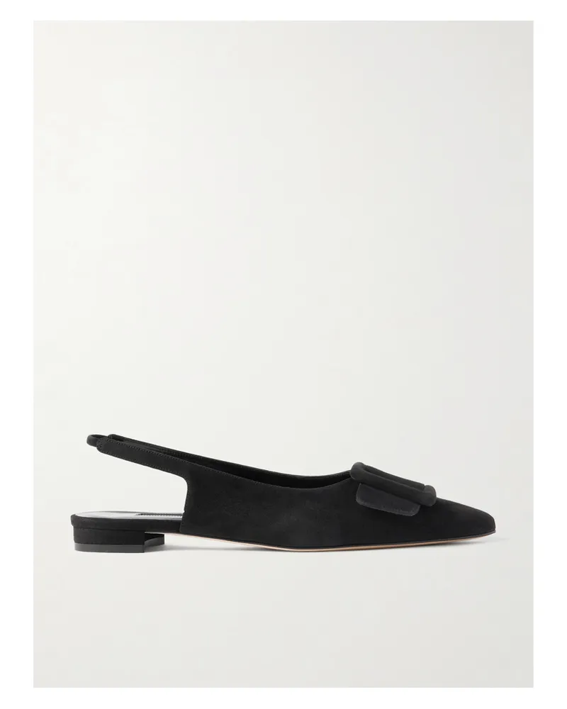 Manolo Blahnik Maylura Buckled Suede Slingback Flats - Black Black