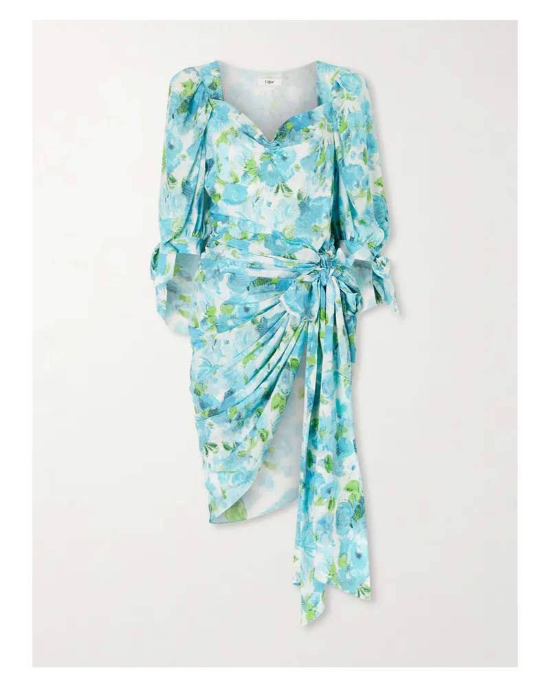 Chloé Draped Floral-print Silk Mini Dress - Blue Blue