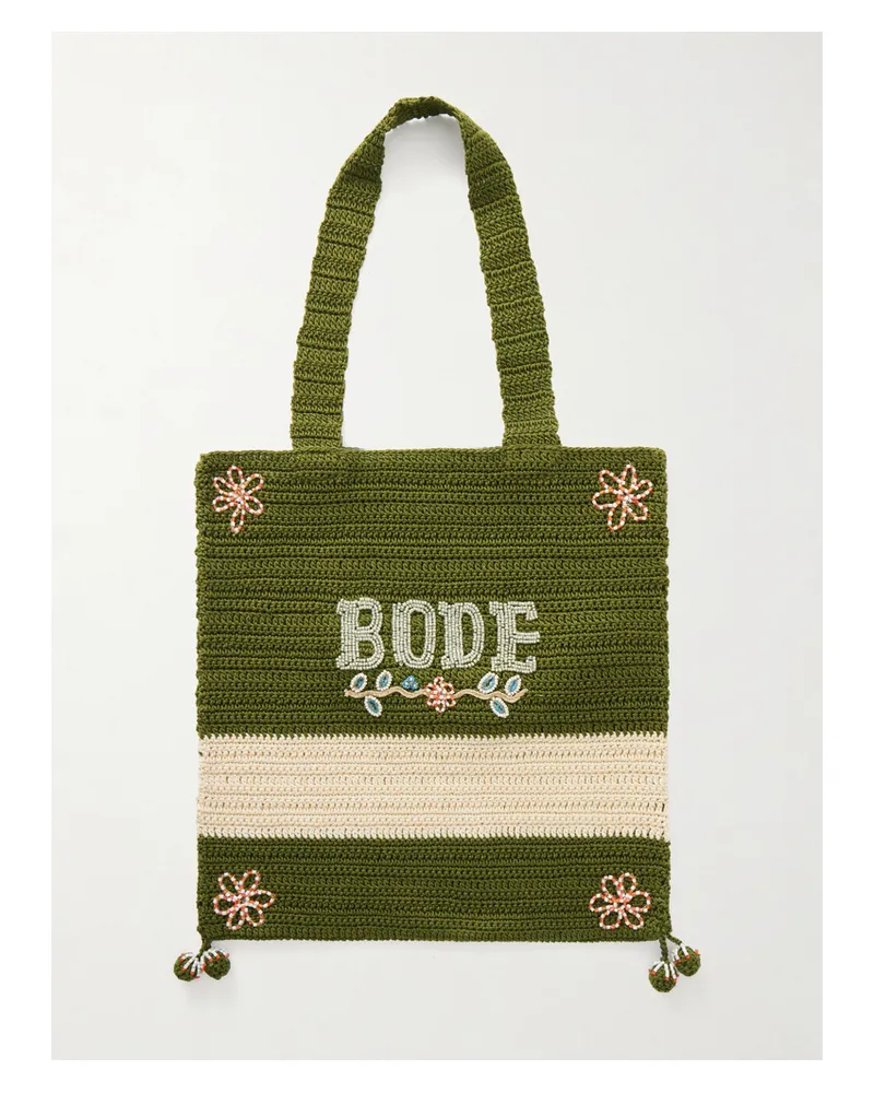 BODE Marsh Embellished Crocheted Cotton Tote - Green Green