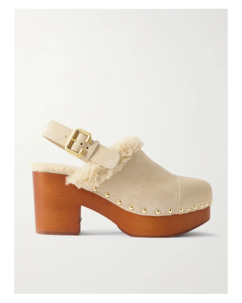 Chloé Jeanette Slingback-plateau-clogs Aus Veloursleder Mit Shearling-besätzen - Grau Grau