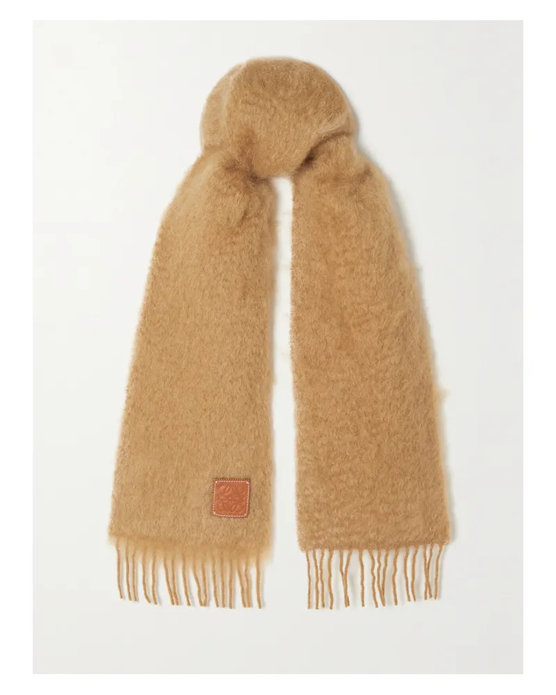 Loewe Appliquéd Fringed Mohair-blend Scarf - Brown Brown