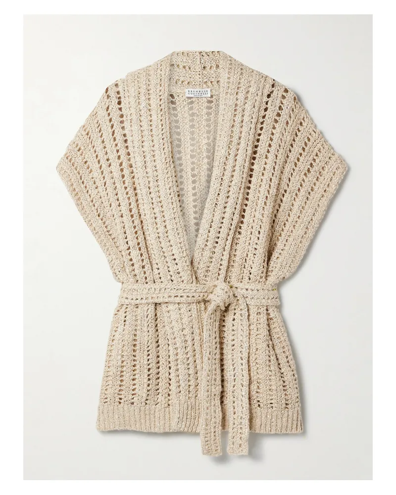 Brunello Cucinelli Cardigan Aus Lochstrick Mit Pailletten Und Bindegürtel - Neutral Neutral