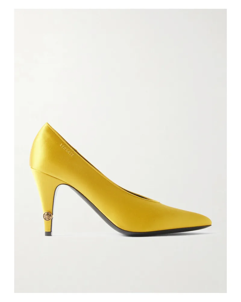 Versace Gianni Embroidered Embellished Satin Pumps - Yellow Yellow