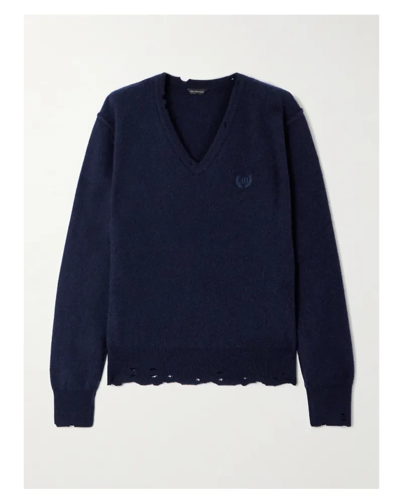 Balenciaga Embroidered Cashmere And Wool-blend Sweater - Blue Blue