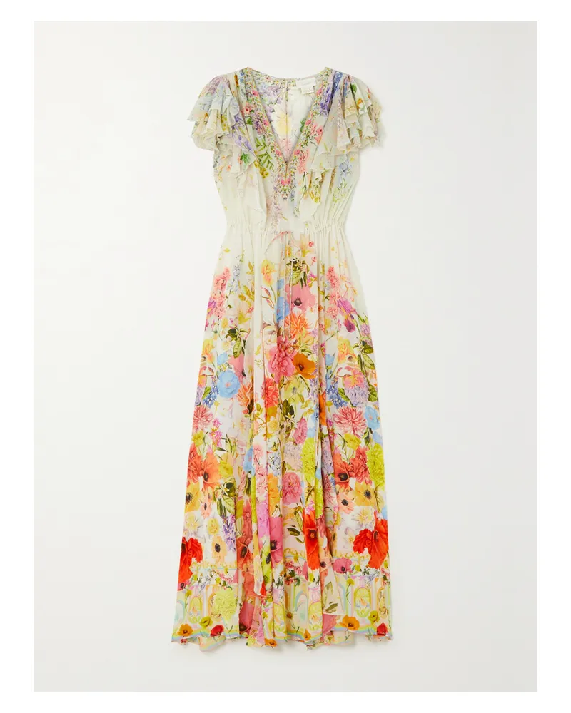 Camilla Midikleid Aus Seide Mit Blumenprint Und Rüschen - Gelb Gelb