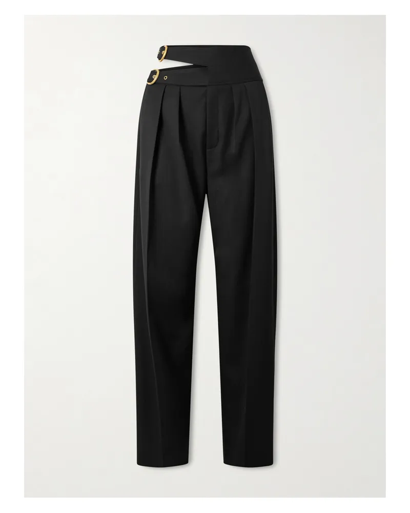 Chloé Buckled Cutout Grain De Poudre Wool Tapered Pants - Black Black
