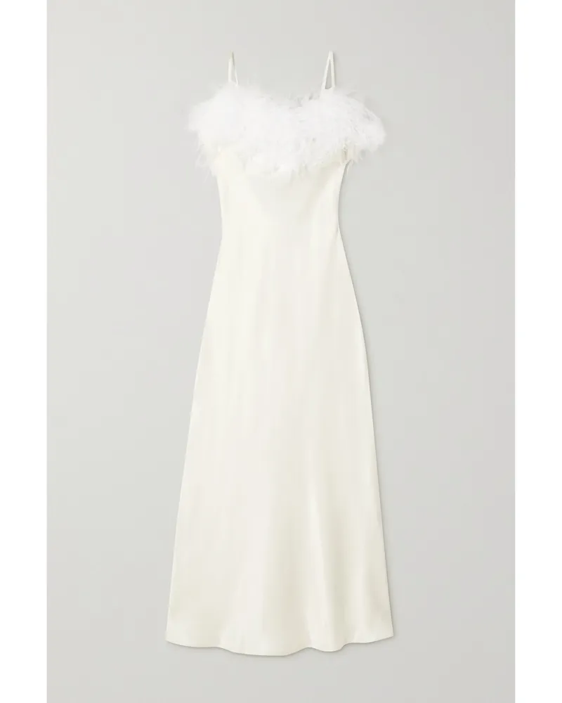 SLEEPER Net Sustain Boheme Midikleid Aus Ecovero™-satin Mit Federn - Weiß Weiß