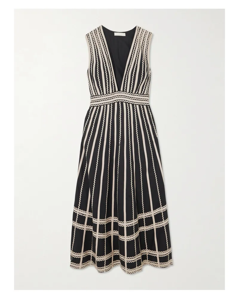 Ulla Johnson Palermo Midikleid Aus Baumwollpopeline Mit Ripsbandbesätzen Und Zackenlitzen - Schwarz Schwarz