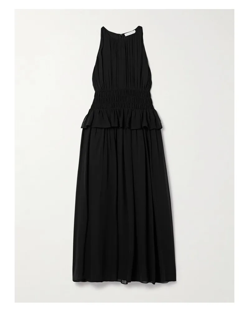 Ulla Johnson Adeline Midikleid Aus Crêpe De Chine Aus Seide Mit Raffungen Und Schößchen - Schwarz Schwarz