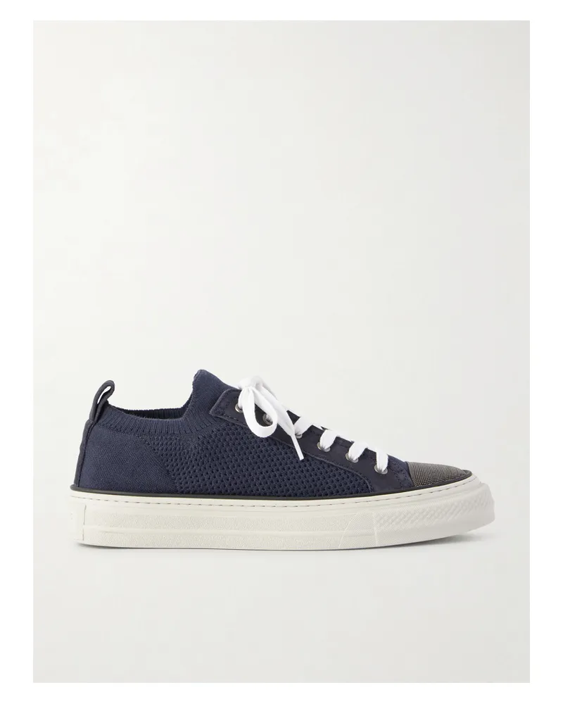 Brunello Cucinelli Sneakers Aus Stretch-strick Mit Velourslederbesätzen Und Zierperlen - Blau Blau