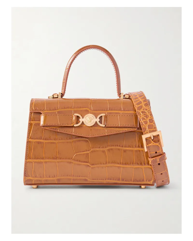 Versace Small Embellished Croc-effect Leather Tote - Brown Brown
