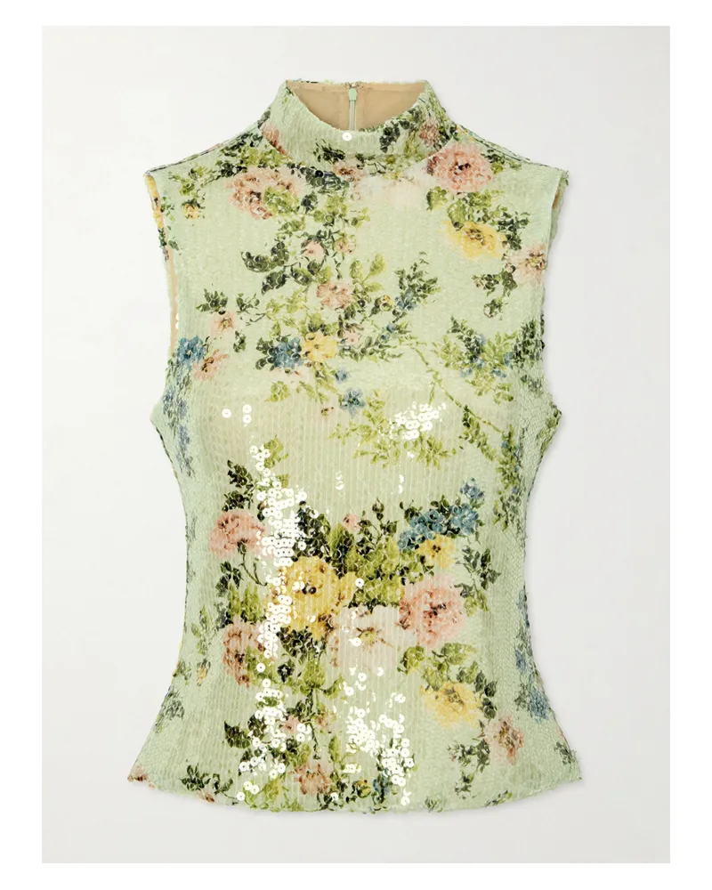 Brandon Maxwell Piper Sequined Floral-print Mesh Turtleneck Top - Green Green