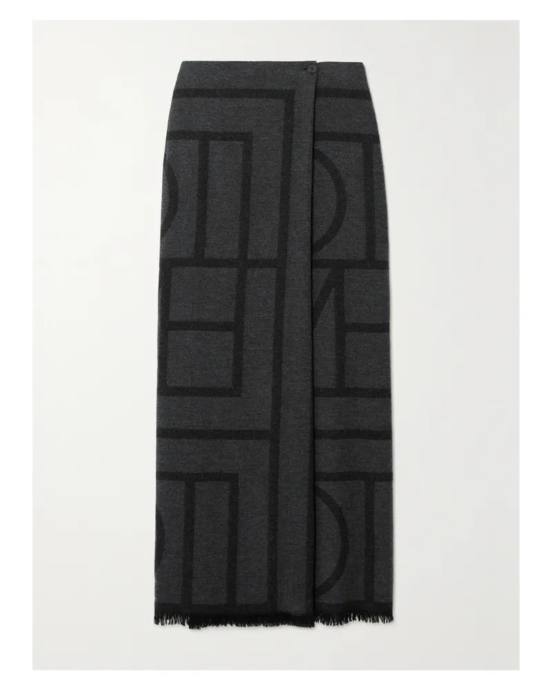 Totême Maxi-wickelrock Aus Bedrucktem Woll-twill Mit Fransen - Grau Grau