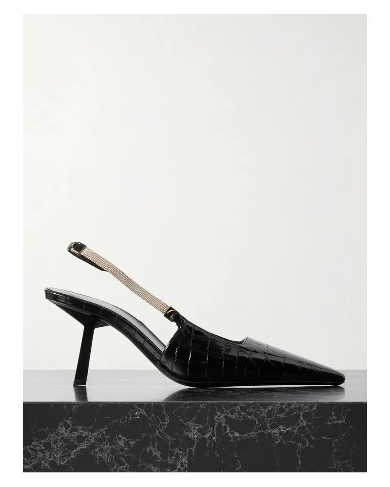 Saint Laurent Blake Slingback-pumps Aus Leder Mit Krokodileffekt Und Verzierung - Schwarz Schwarz